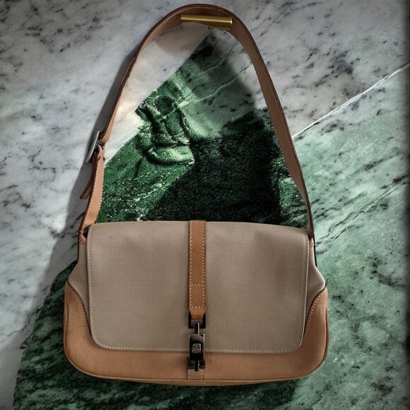 GUCCI Vintage Jackie Tan Leather Cloth Shoulder Bag - Picture 1 of 16